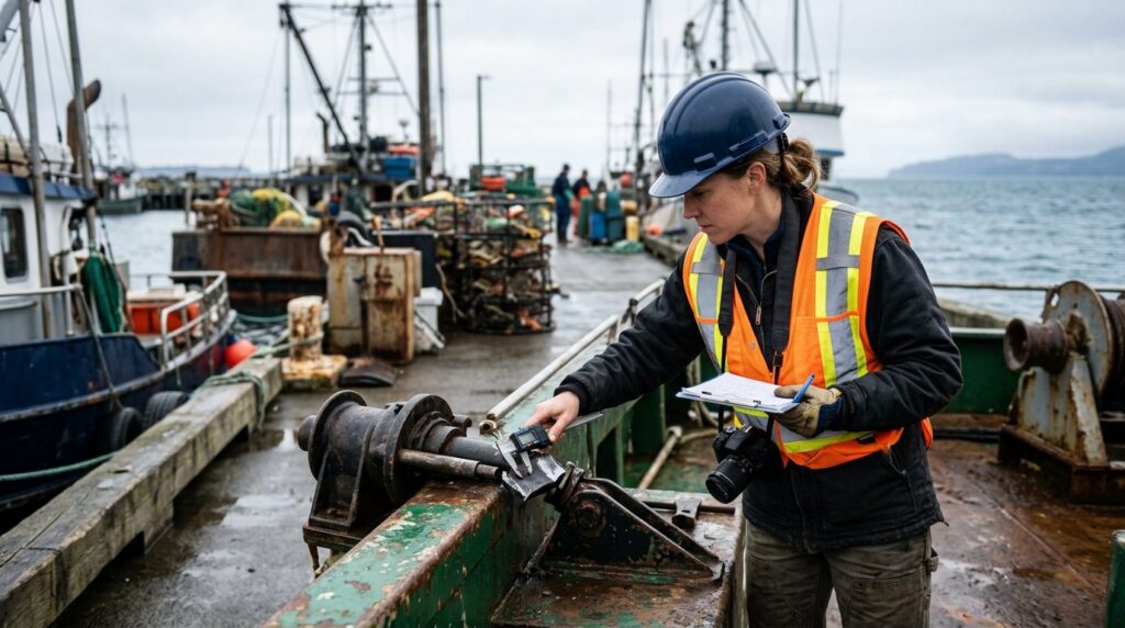 Maritime accident investigator examining failed deck equipment on fishing vessel at dock.