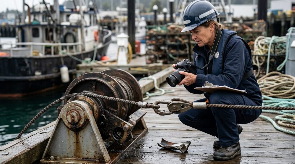 Maritime accident investigator examining failed deck equipment on commercial fishing vessel at dock.