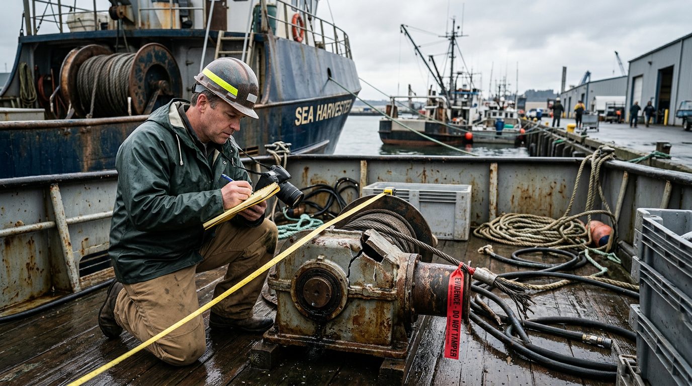 Maritime accident investigator examining failed deck equipment on commercial fishing vessel at dock.