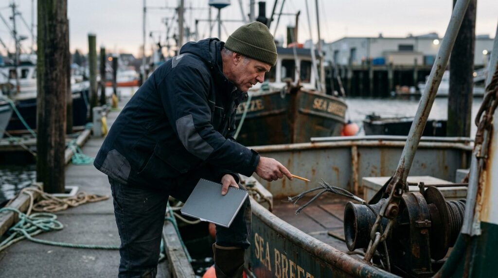 Maritime accident investigator examining failed fishing vessel deck equipment at dock.