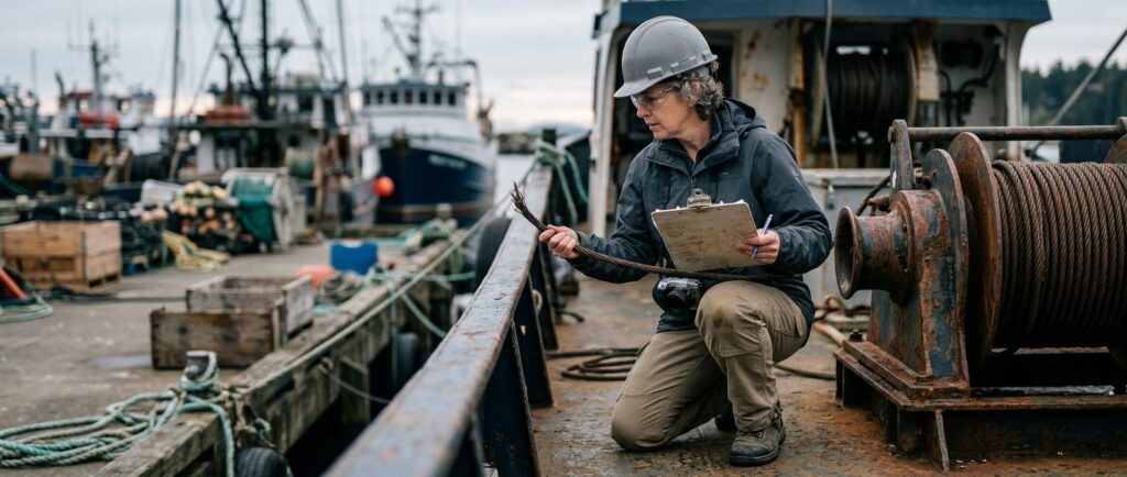 Maritime accident investigator examining failed fishing vessel deck equipment at dock.