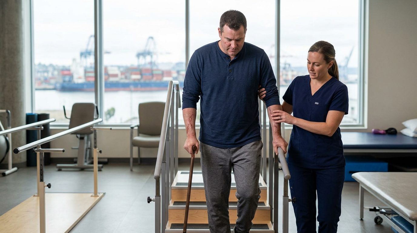 Maritime injury survivor working with physical therapist on mobility recovery in rehabilitation facility.