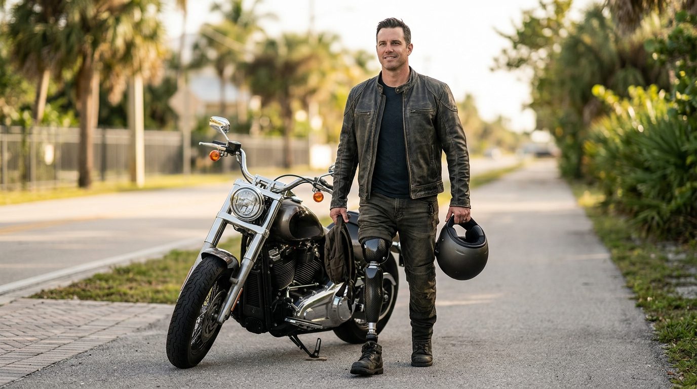 Motorcycle rider with prosthetic leg standing beside parked motorcycle after crash injury.