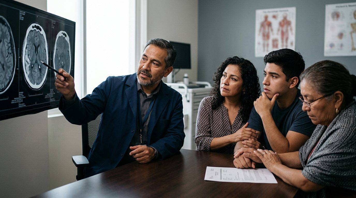 Neurólogo revisa imágenes cerebrales con familia hispana después de lesión traumática.