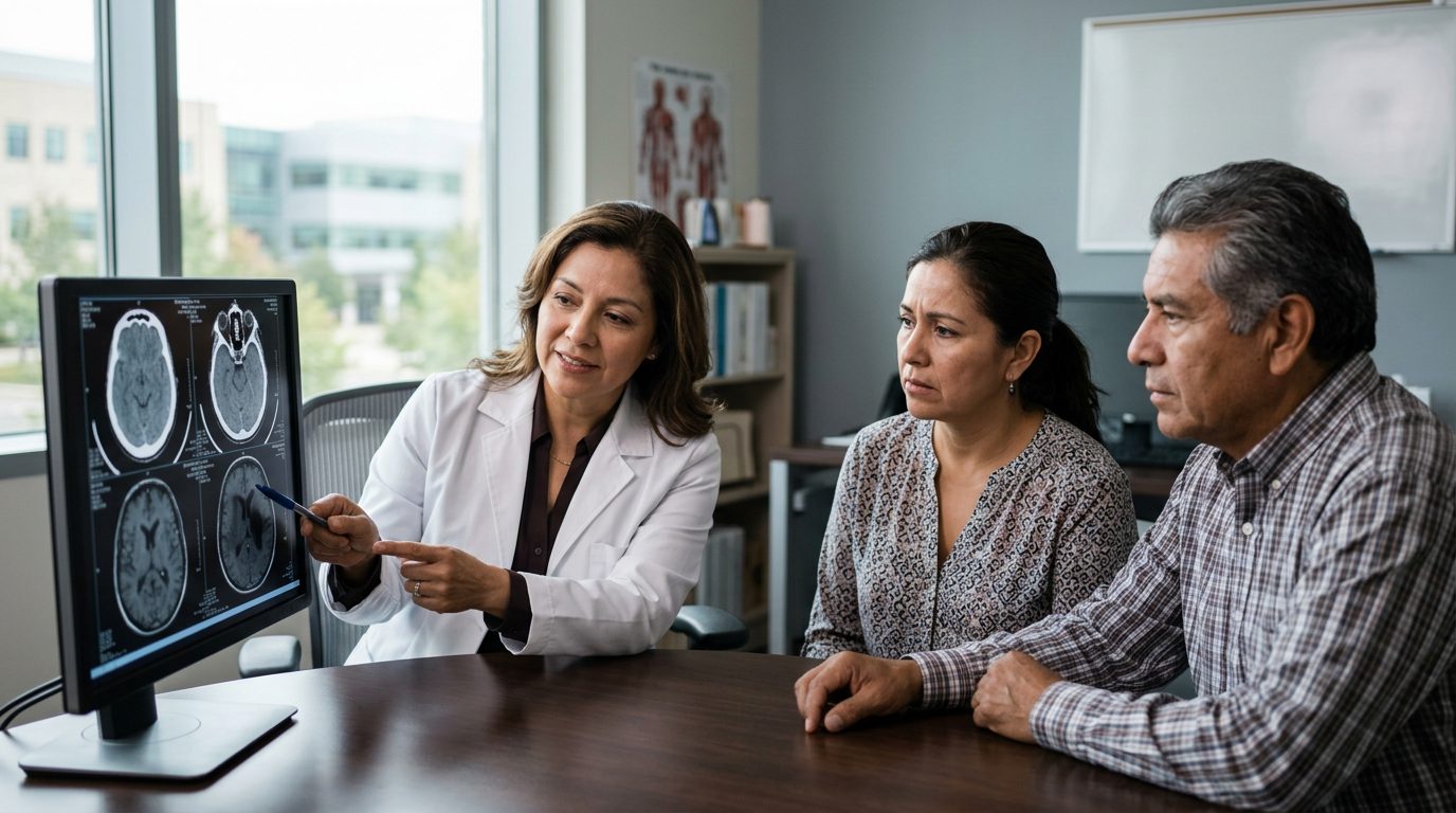 Neurólogo revisa imágenes cerebrales con familia hispana tras lesión traumática.