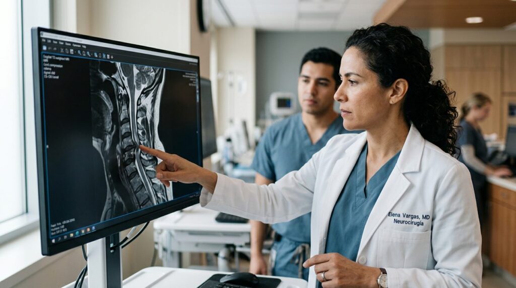 Neurocirujano revisa resonancia magnética de columna cervical con lesión medular.