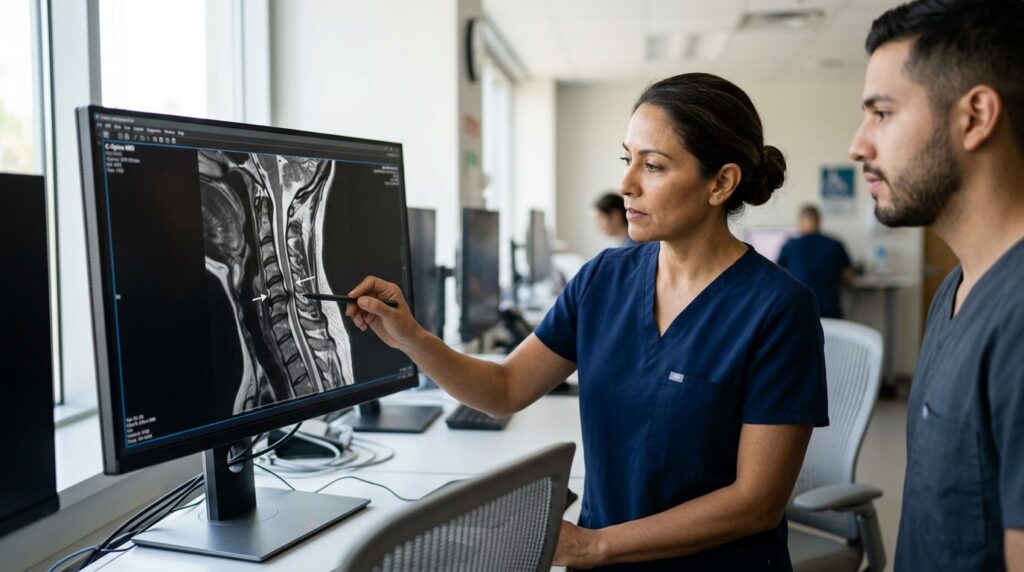 Neurocirujano revisa resonancia magnética de columna cervical con lesión medular.