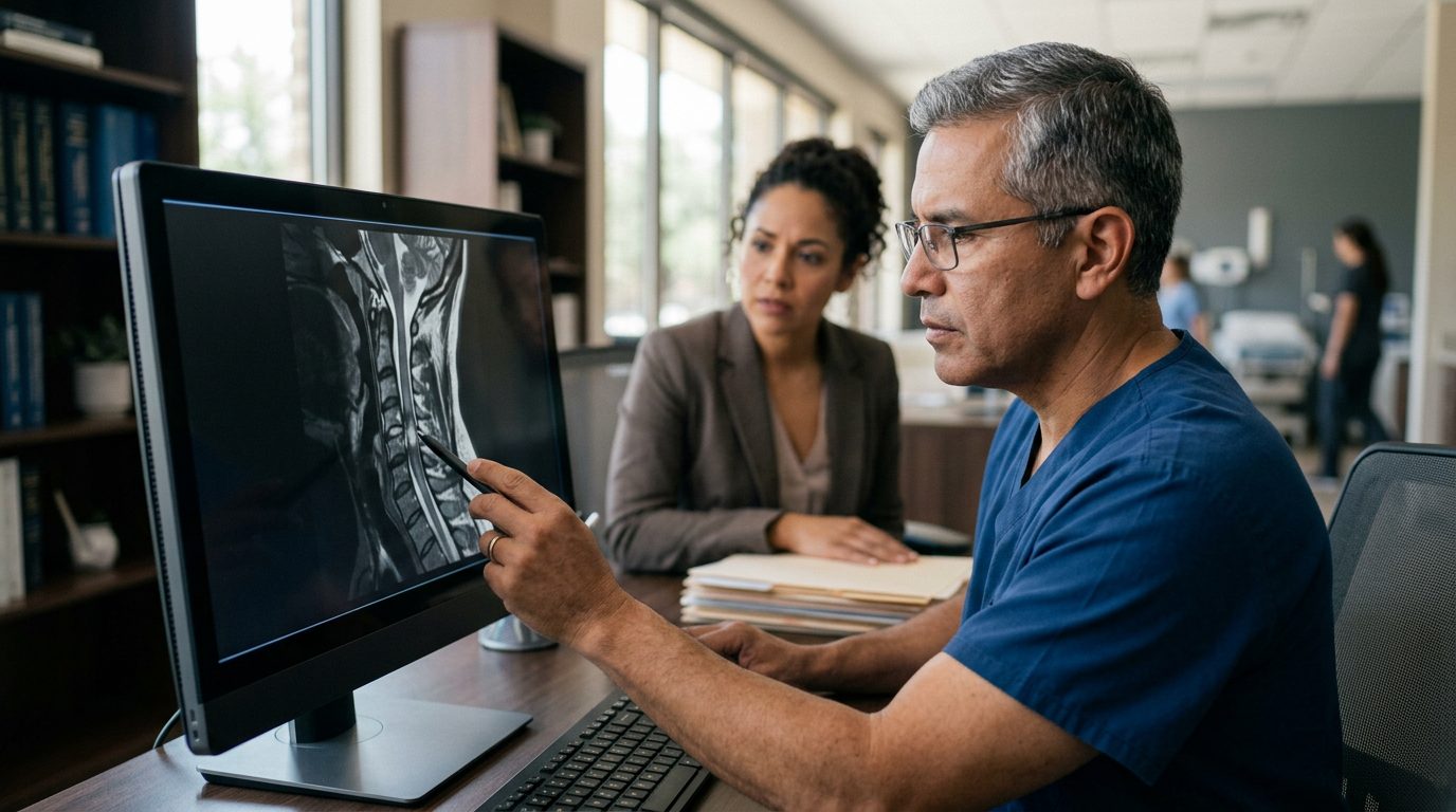Neurocirujano revisa resonancia magnética de columna cervical con lesión medular.