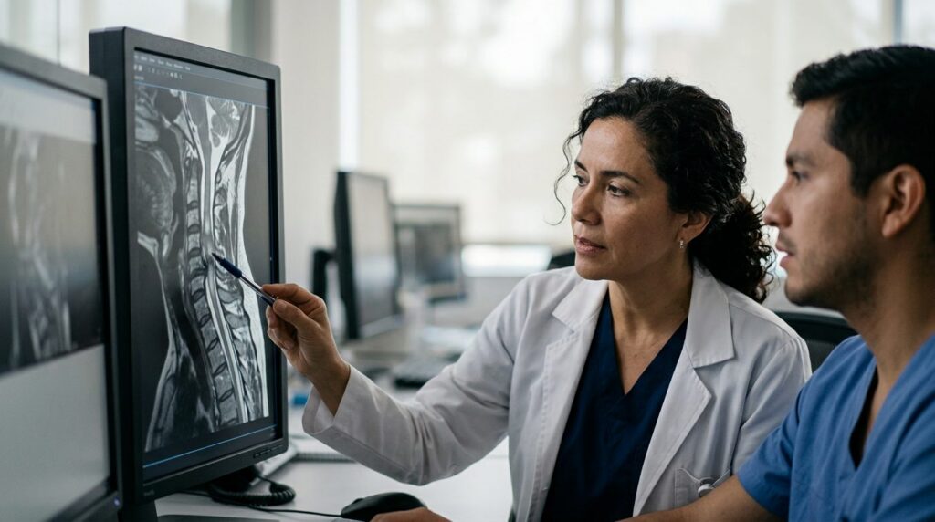 Neurocirujano revisa resonancia magnética de columna cervical con lesión medular.