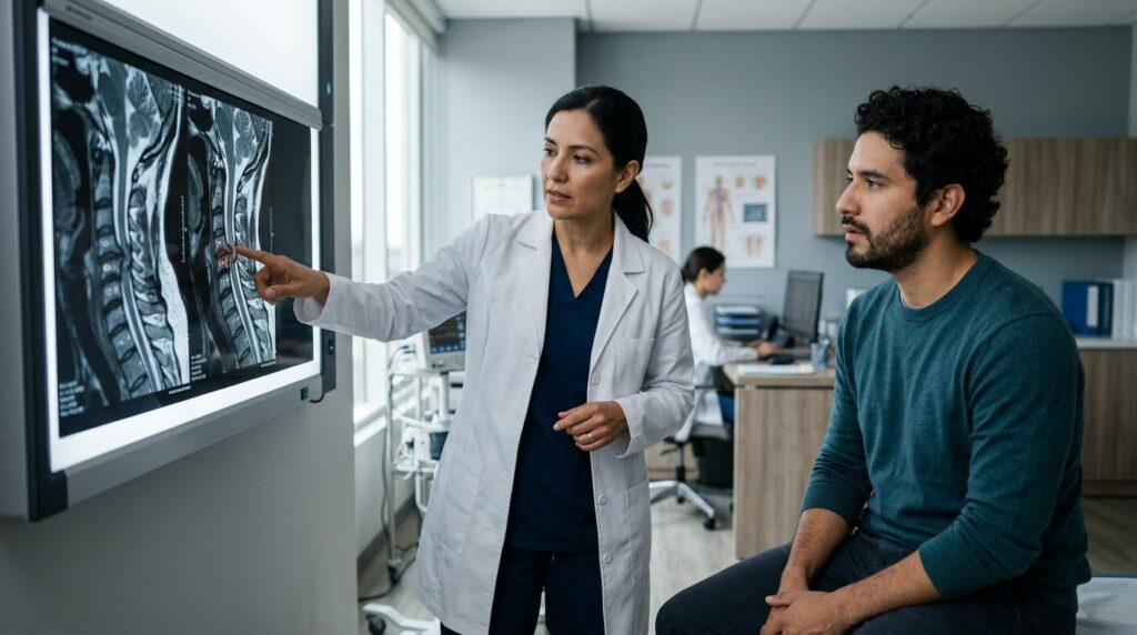 Neurocirujano revisando resonancia magnética de columna cervical con lesión medular.