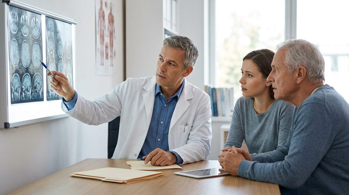 Neurologist discussing brain scan results with a family after traumatic brain injury.