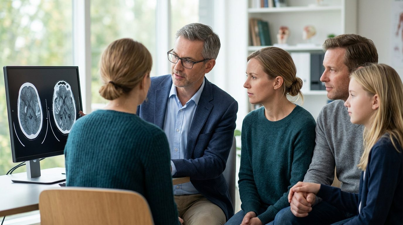 Neurologist discussing brain scan results with family members after traumatic brain injury.