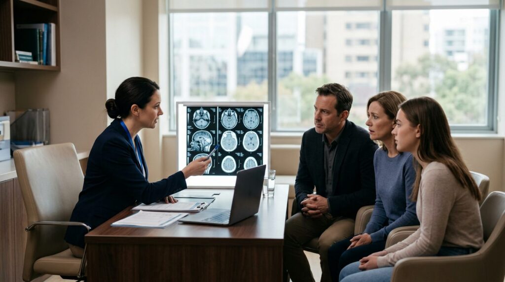 Neurologist reviewing brain scan images with family members after traumatic brain injury.