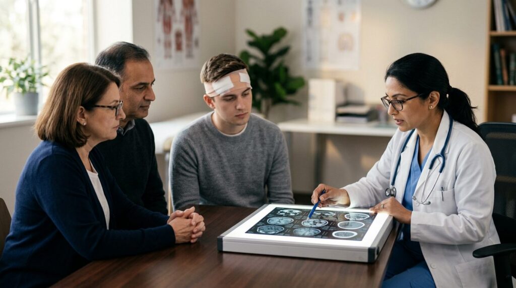 Neurologist reviewing brain scan images with family members in medical office.