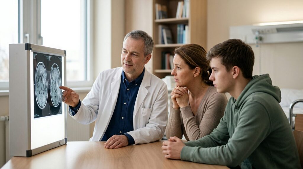 Neurologist reviewing brain scan results with family members after traumatic injury.