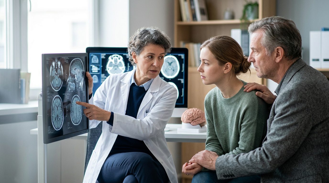 Neurologist reviewing brain scan with patient and family members.