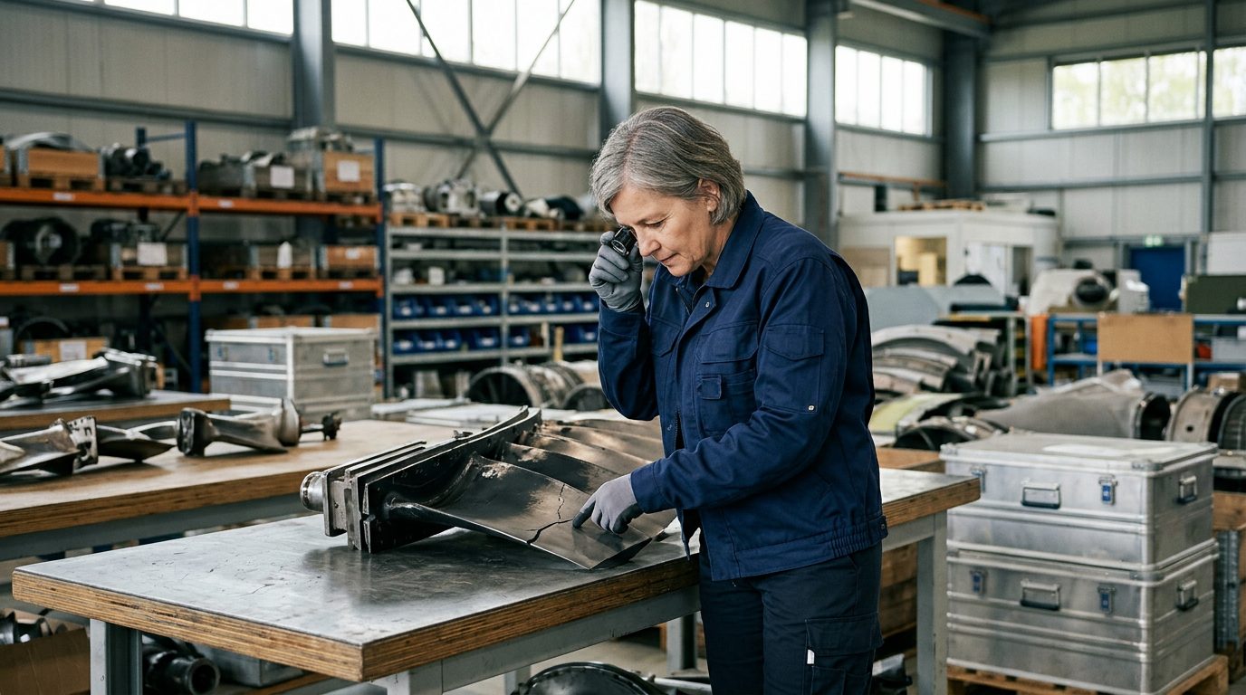 NTSB specialist inspecting aircraft engine components in a hangar.