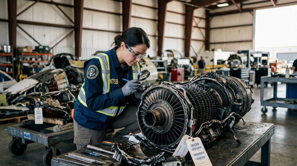 NTSB specialist inspecting aircraft engine components in a hangar.