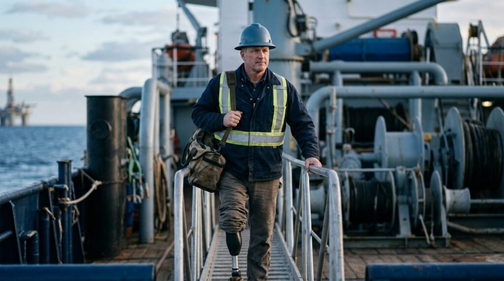 Offshore worker with prosthetic leg boarding a supply vessel gangway.