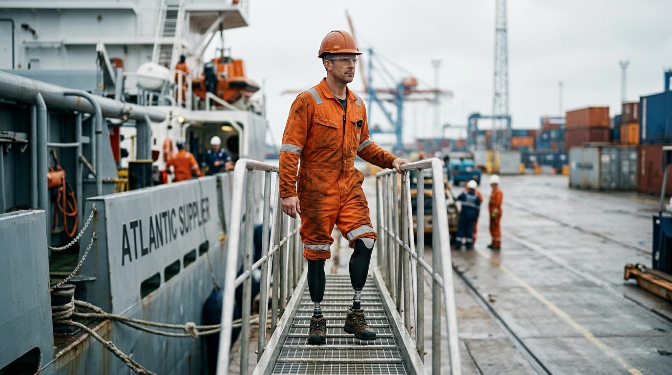 Offshore worker with prosthetic leg boarding a supply vessel gangway.