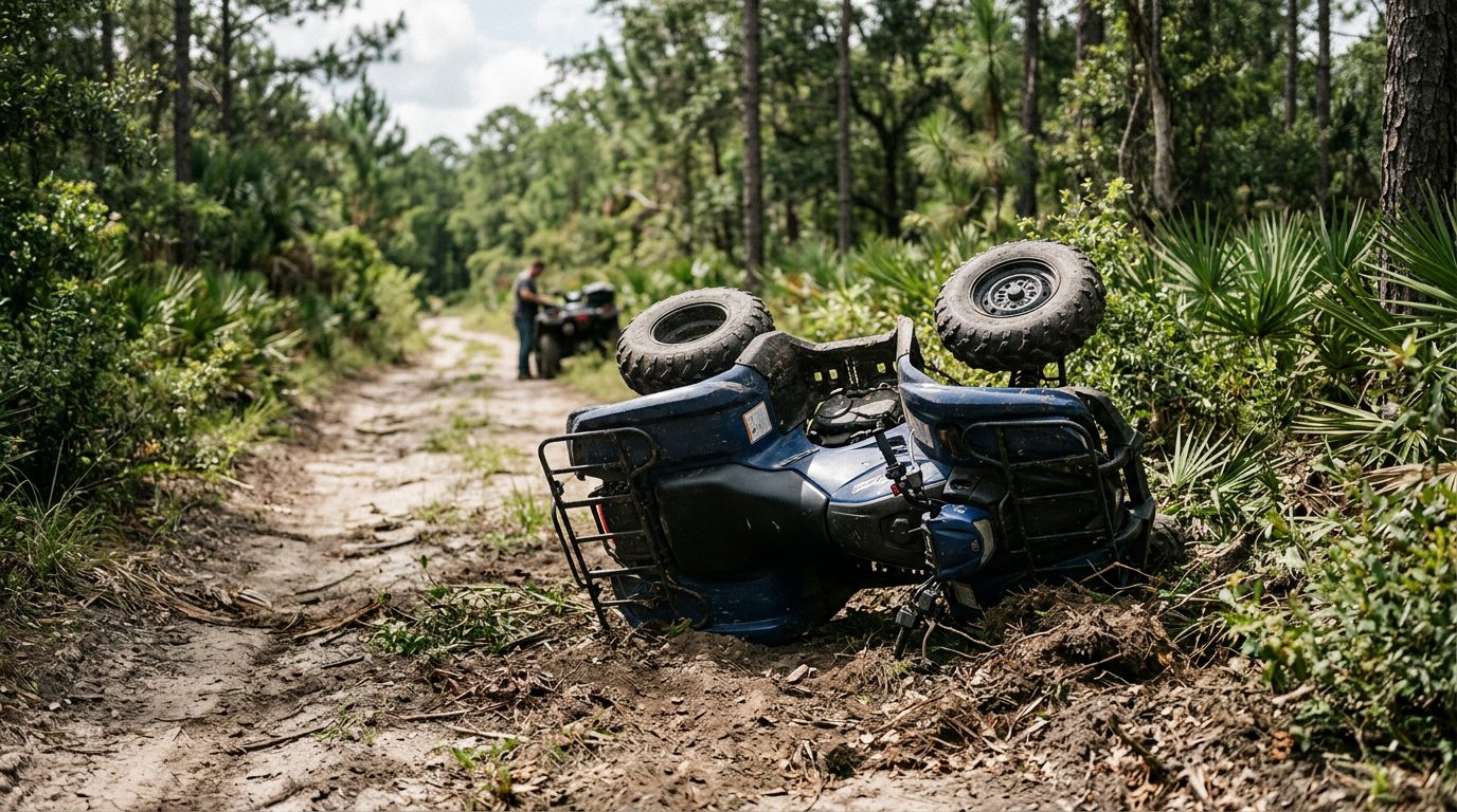 Overturned ATV on a dirt trail after a rollover accident.