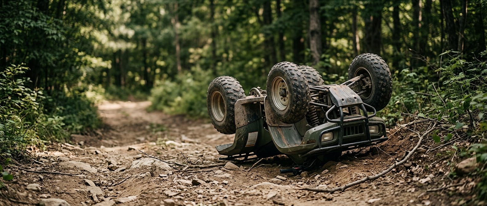 Overturned ATV on a dirt trail after a rollover accident.