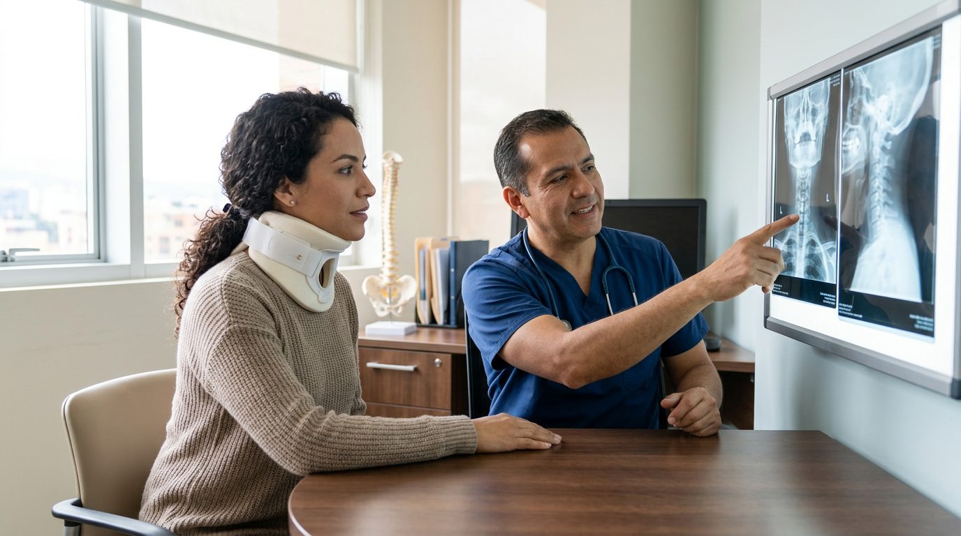 Paciente con collar cervical revisa radiografías de columna con cirujano en consultorio.