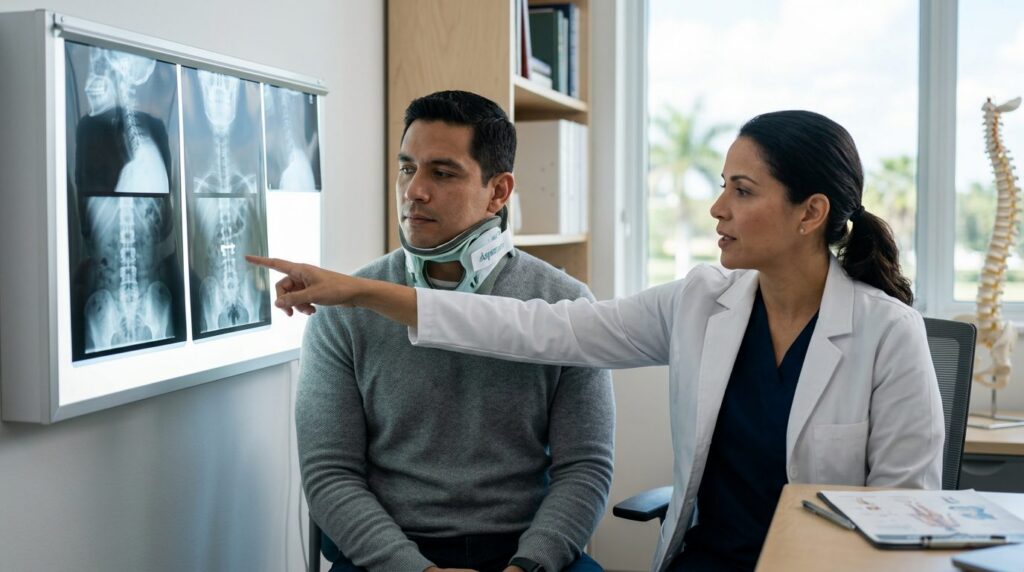 Paciente con collarín cervical revisa radiografías de columna con cirujano especialista.