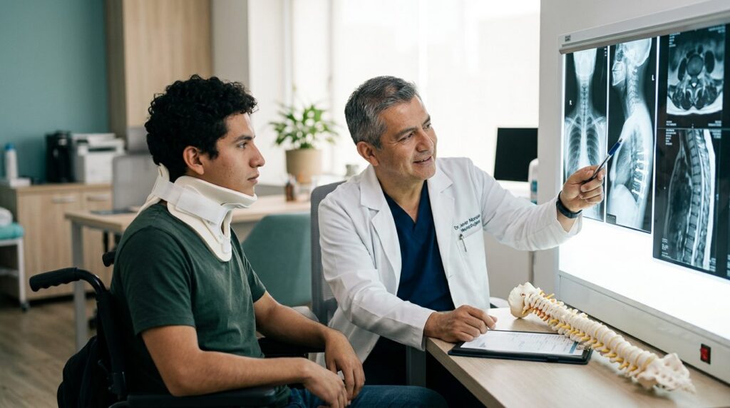 Paciente con collarín cervical revisa radiografías de columna con cirujano en consultorio médico.