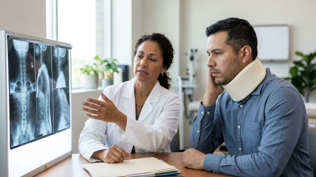 Paciente con collarín cervical revisa radiografías de columna con cirujano en consulta médica.