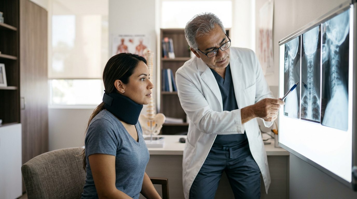 Paciente con collarín cervical revisa radiografías de columna con cirujano especialista.