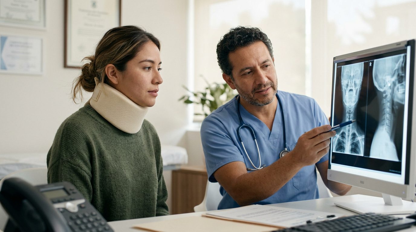 Paciente con collarín cervical revisa radiografías de columna con cirujano en consultorio médico.