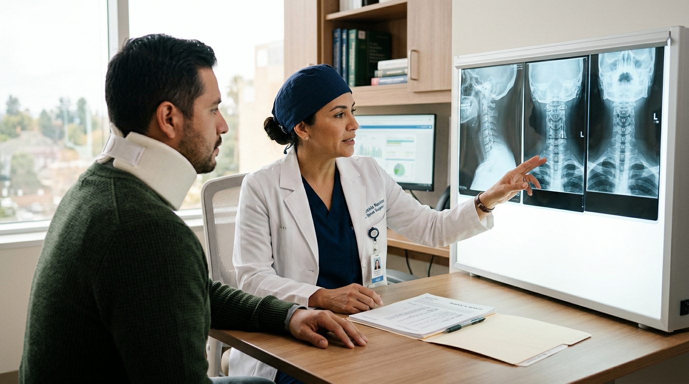 Paciente con collarín cervical revisa radiografías de columna con cirujano en consulta médica.