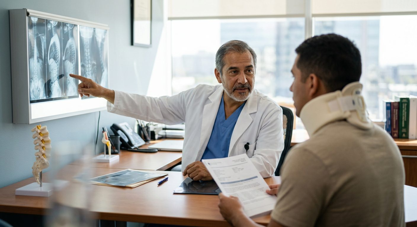 Paciente con collarín cervical revisa radiografías de columna con cirujano en consultorio.