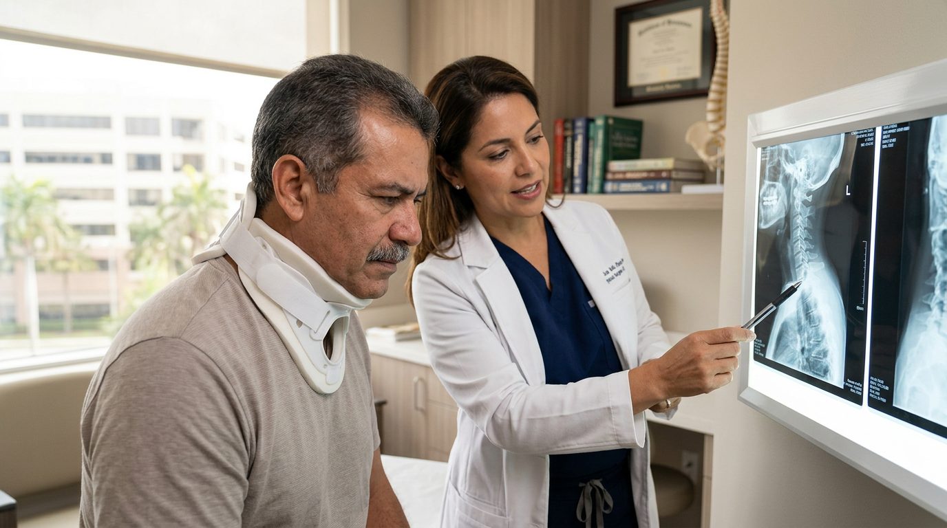 Paciente con collarín cervical revisa radiografías de columna con cirujano en consulta médica.