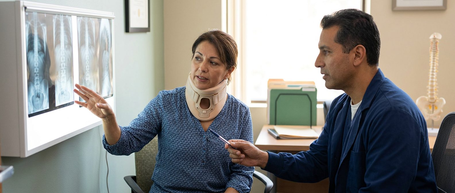 Paciente con collarín cervical revisa radiografías de columna con cirujano en consulta médica.