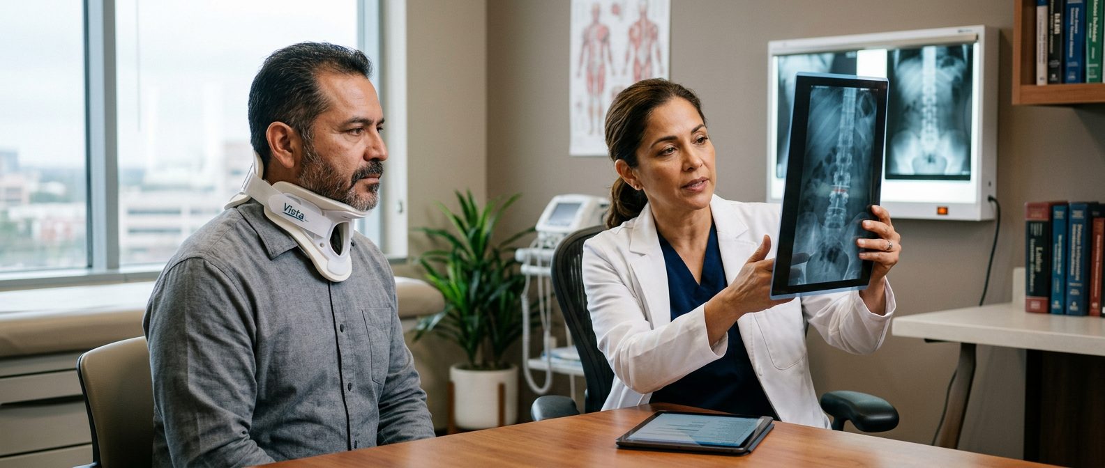Paciente con collarín cervical revisa radiografías de columna con cirujano especialista.