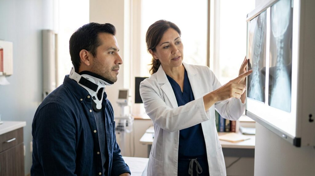 Paciente con collarín cervical revisa radiografías de columna con cirujano en consulta médica.