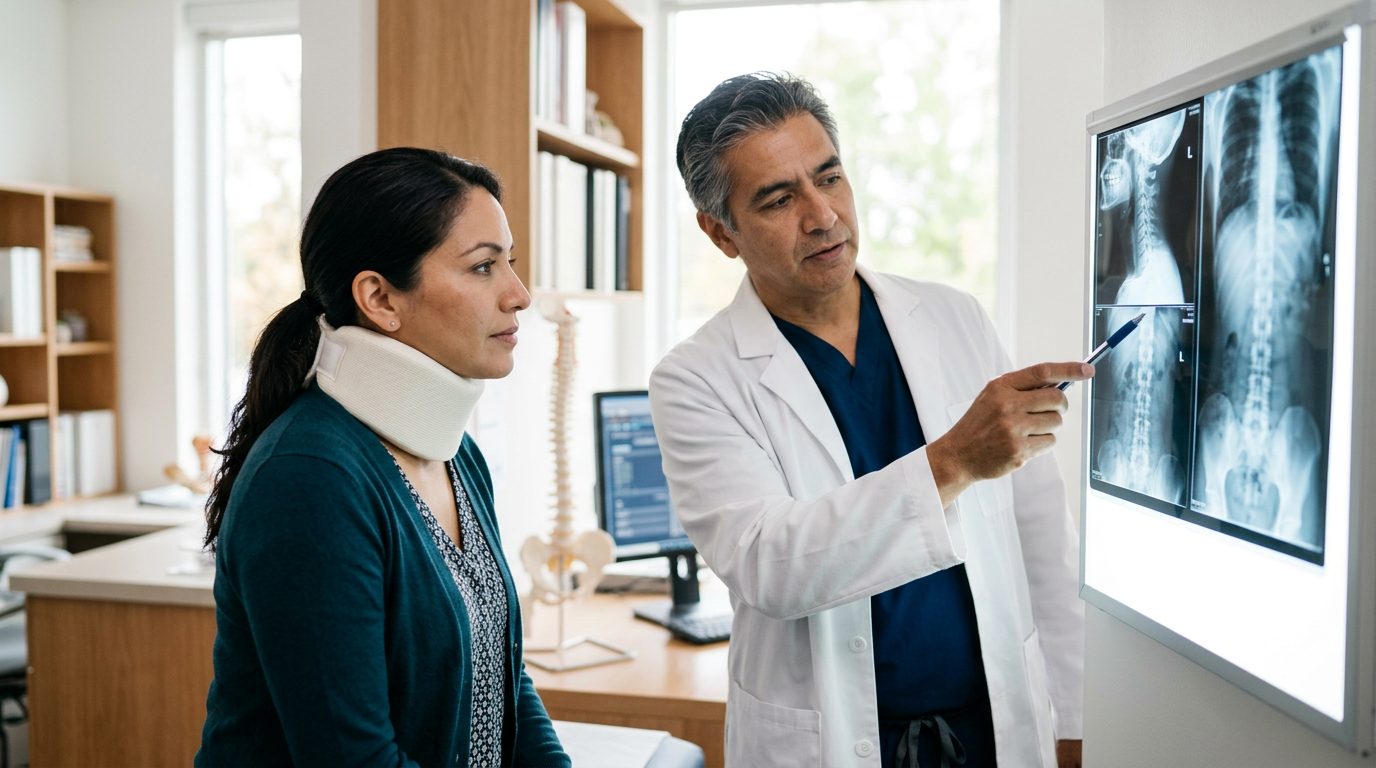 Paciente con collarín cervical revisa radiografías de columna con cirujano en consulta médica.