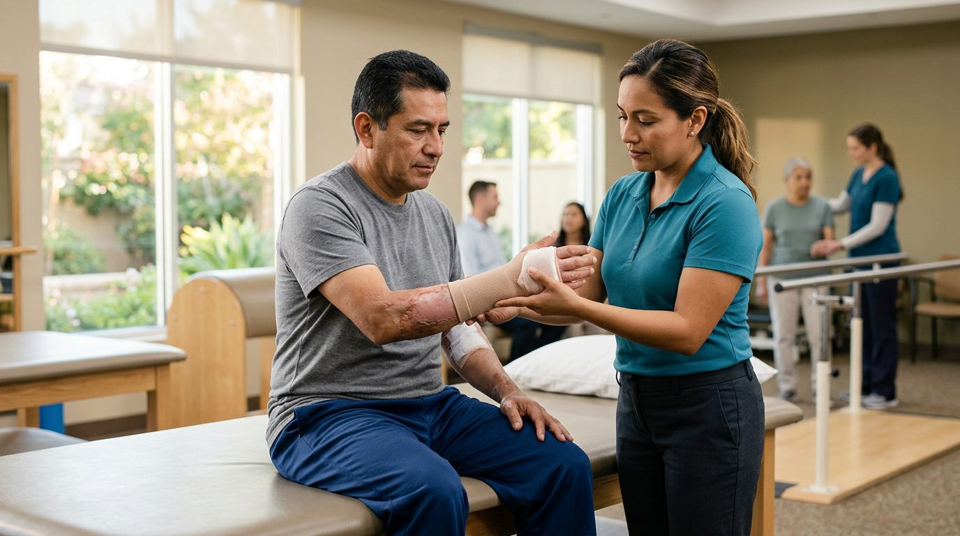 Paciente en recuperación de injerto de piel en centro de rehabilitación especializado.