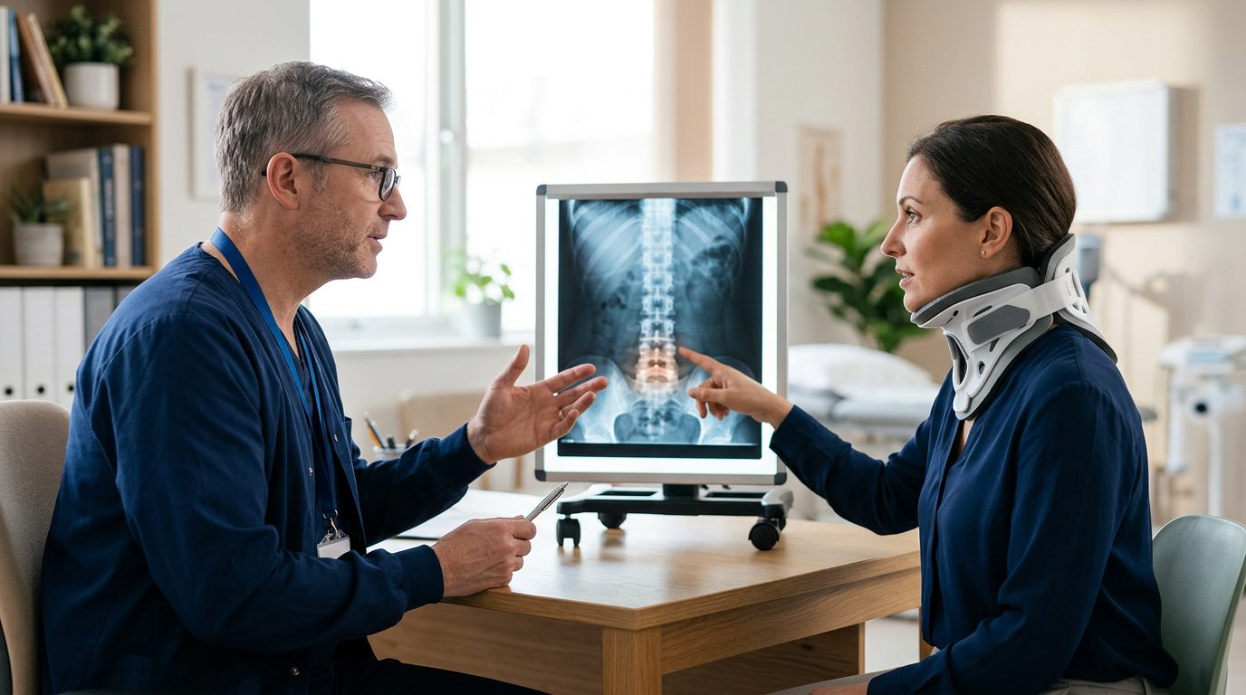 Patient and spinal surgeon reviewing spine X-rays during consultation.