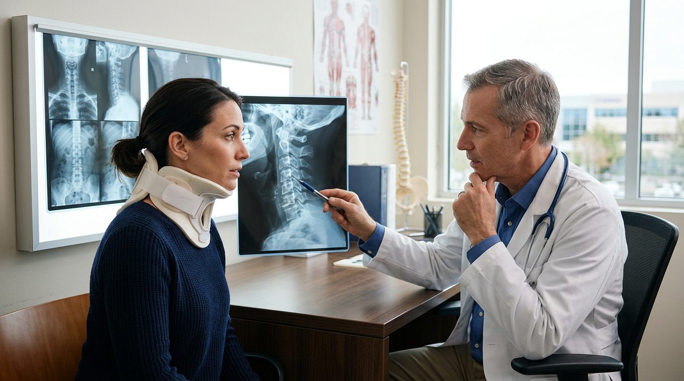 Patient in cervical collar reviewing spine X-rays with spinal surgeon during consultation.