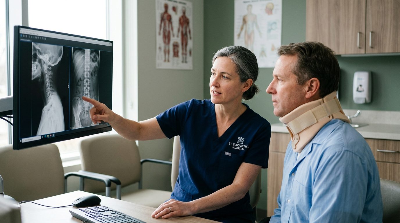 Patient in cervical collar reviewing spine X-rays with spinal surgeon during consultation.