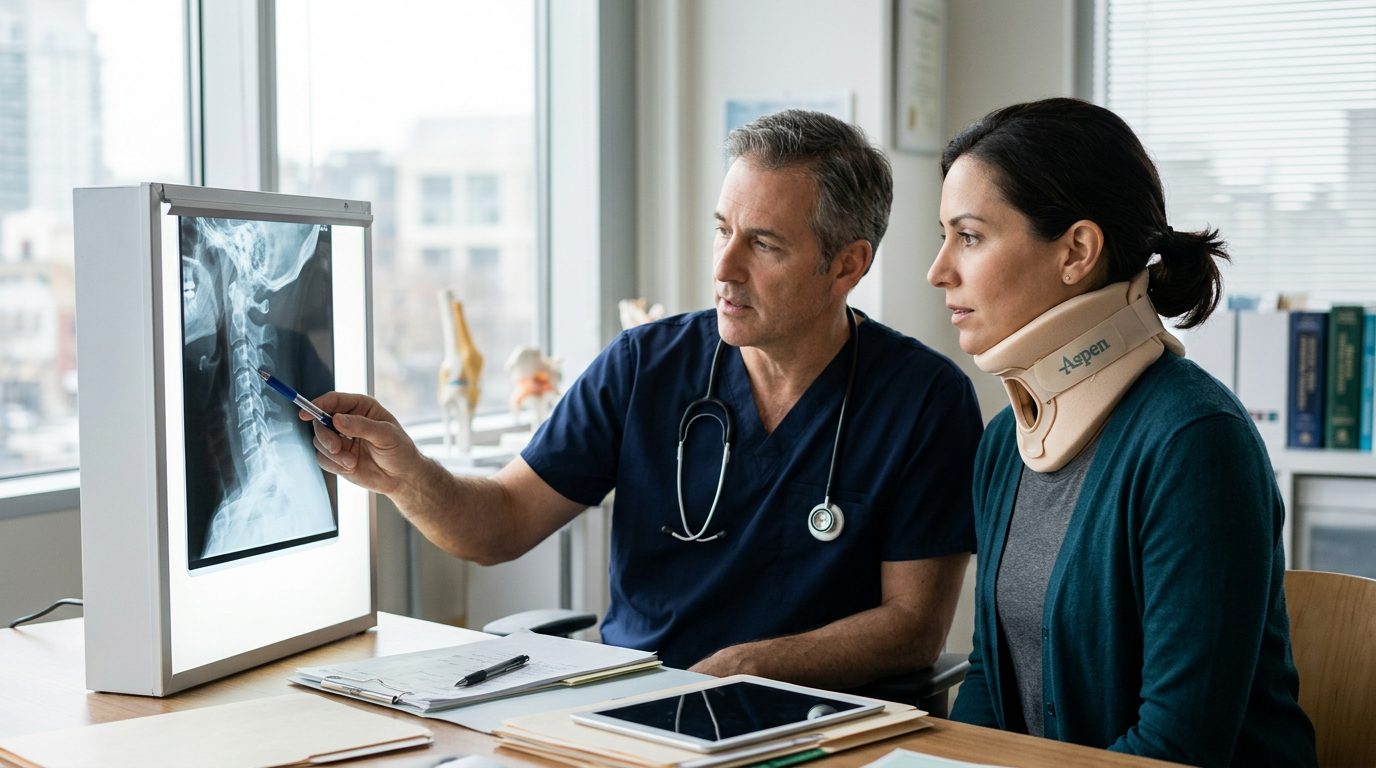 Patient in cervical collar reviewing spine X-rays with spinal surgeon during consultation.