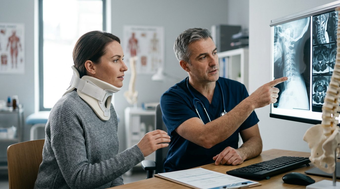 Patient in cervical collar reviewing spine X-rays with spinal surgeon during consultation.