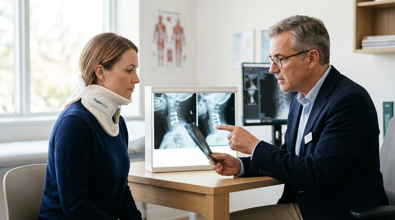 Patient in neck brace reviewing spine X-rays with spinal surgeon during consultation.