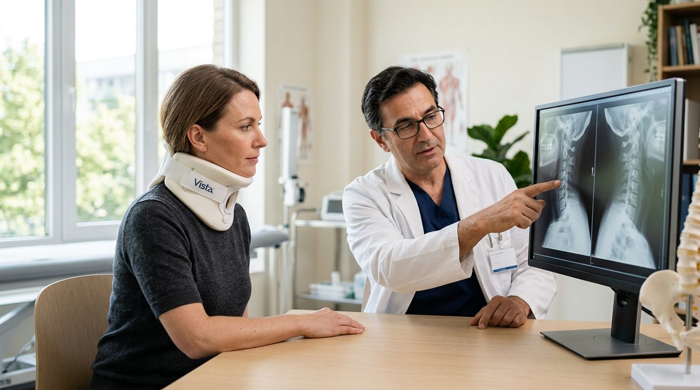 Patient in neck brace reviewing spine X-rays with spinal surgeon during consultation.
