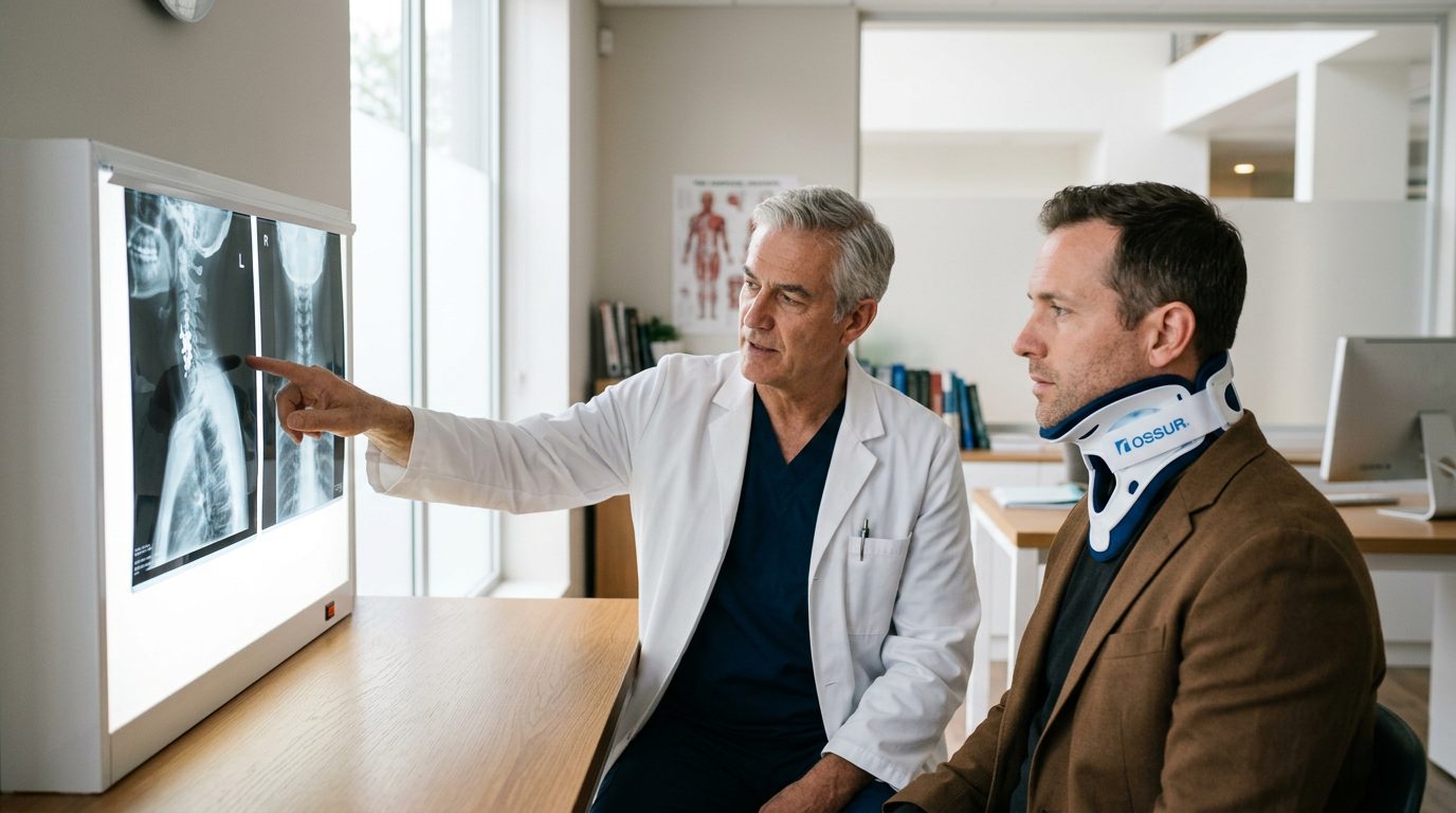 Patient in neck brace reviewing spine X-rays with spinal surgeon during consultation.