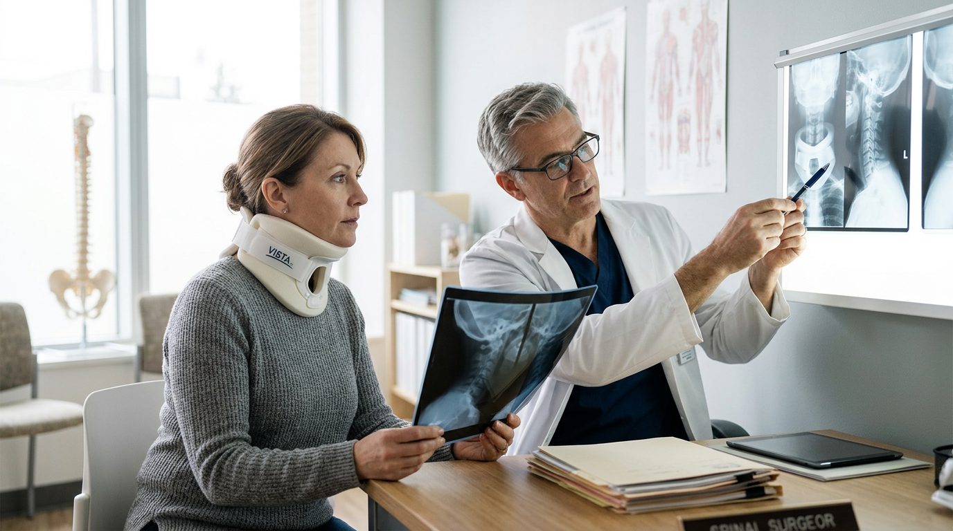 Patient in neck collar discussing spine X-rays with spinal surgeon during consultation.