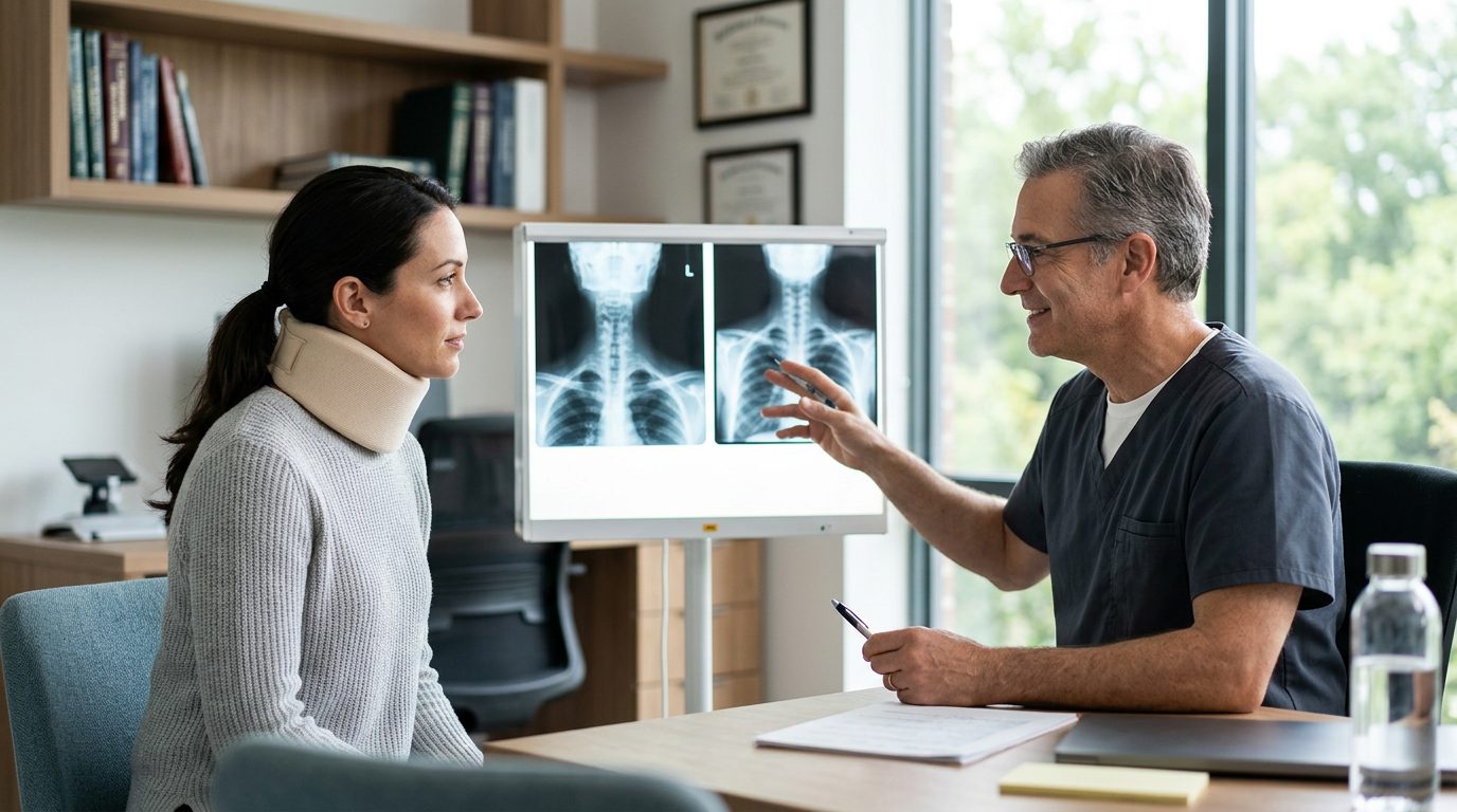 Patient in neck collar discussing spine X-rays with spinal surgeon during consultation.